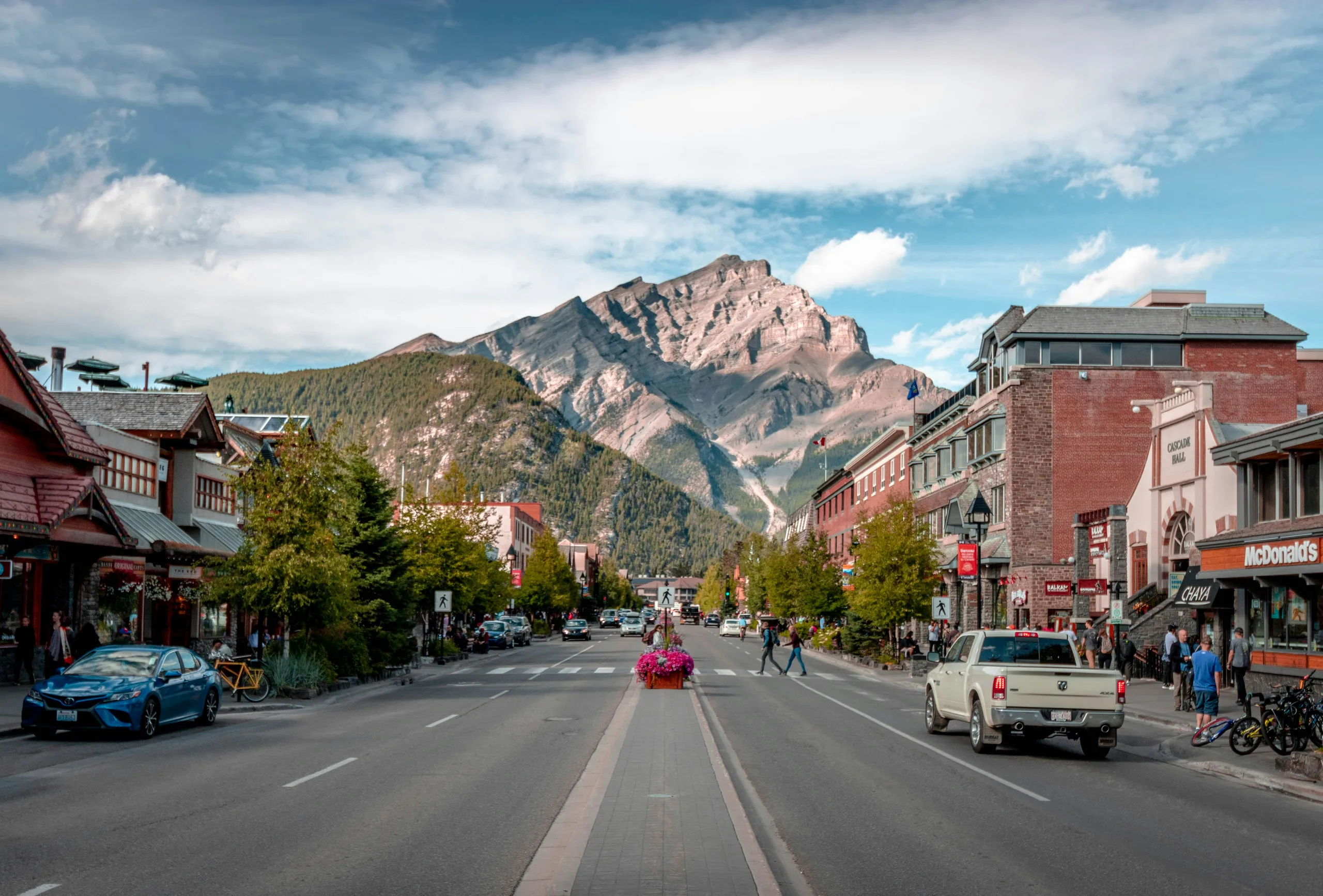 Banff Avenue with Cascade Mountain in the background.